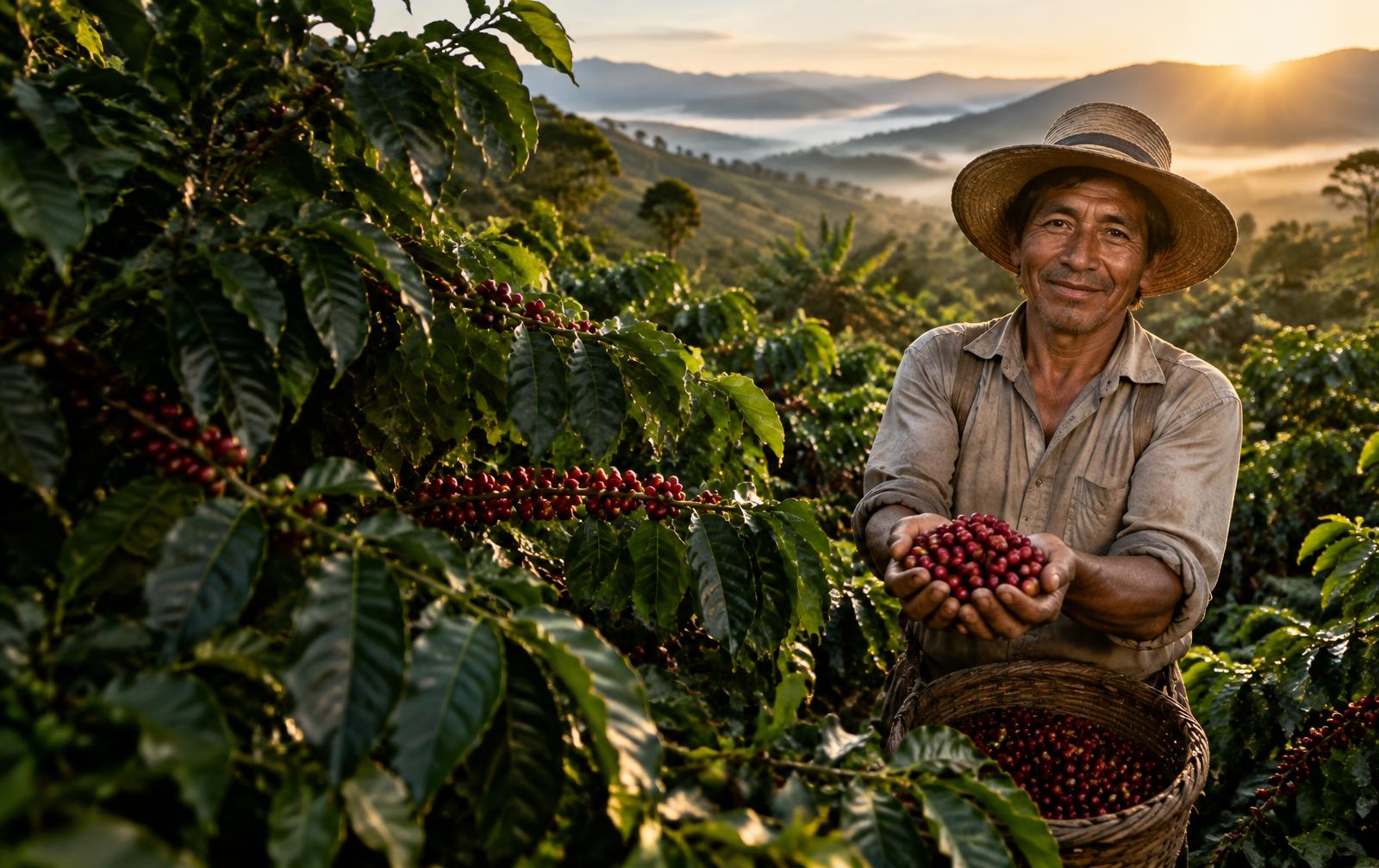 Coffee producer holding ripe coffee cherries on a mountainside farm